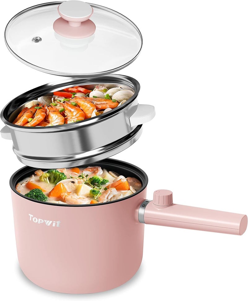 TopWit Hot Pot Electric with Steamer, 1.5L Ramen Cooker, Non-Stick Sauté Pan, Portable Cooking Pot, Electric Cooker with Dual Power Control, BPA Free, Over-Heating & Boil Dry Protection, Pink - Image 1